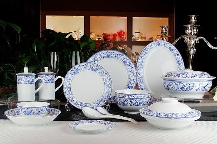 Red Leaf Blue & White Lotus — a 46-piece Chinese porcelain dinner service