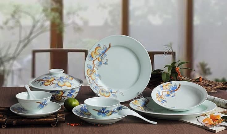 Red Leaf Celadon Glaze — Hand-Painted All Wishes Fulfilled — a 36-piece Chinese porcelain dinner service