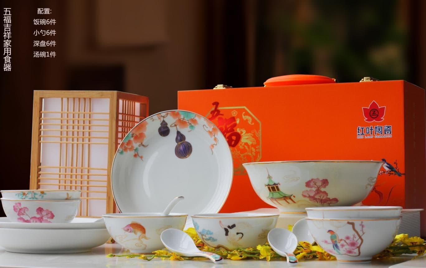 Red Leaf Five Blessings — a 19-piece Chinese porcelain dinner service