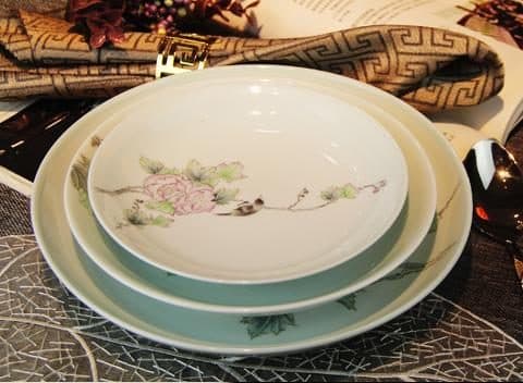Red Leaf Fully Hand-Made Celadon Glaze — Hibiscus Whispers — a 38-piece Chinese porcelain dinner service