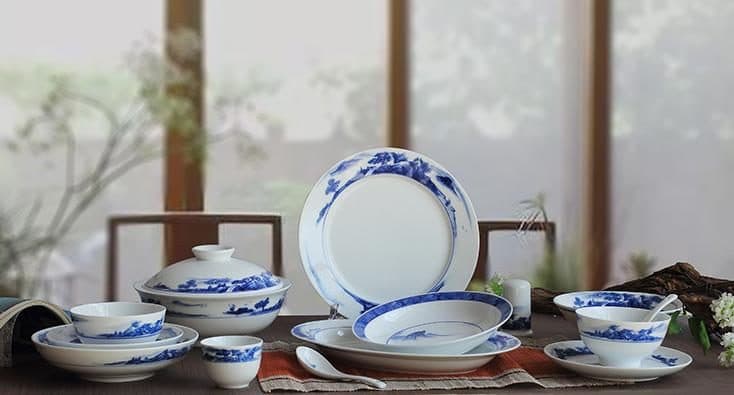 Red Leaf Hand-Painted Landscape — a 56-piece Chinese porcelain dinner service