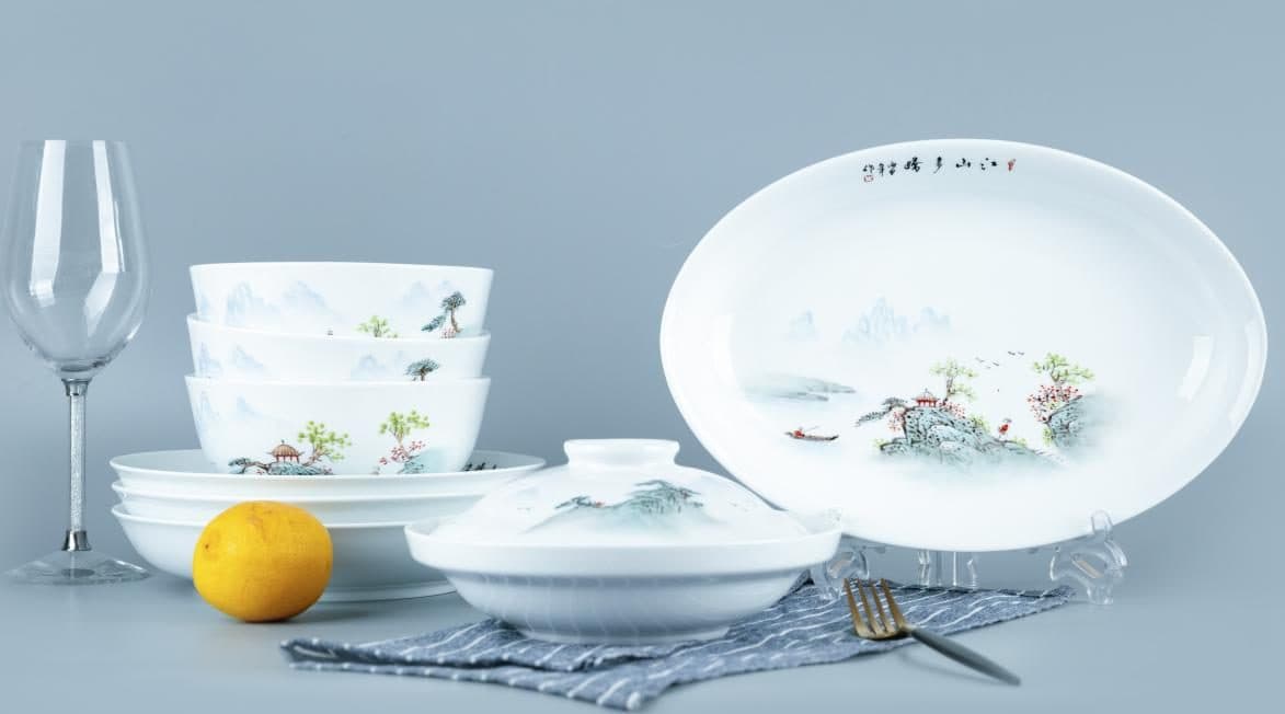 Red Leaf Hand-Painted Landscape Homestead — a 62-piece Chinese porcelain dinner service
