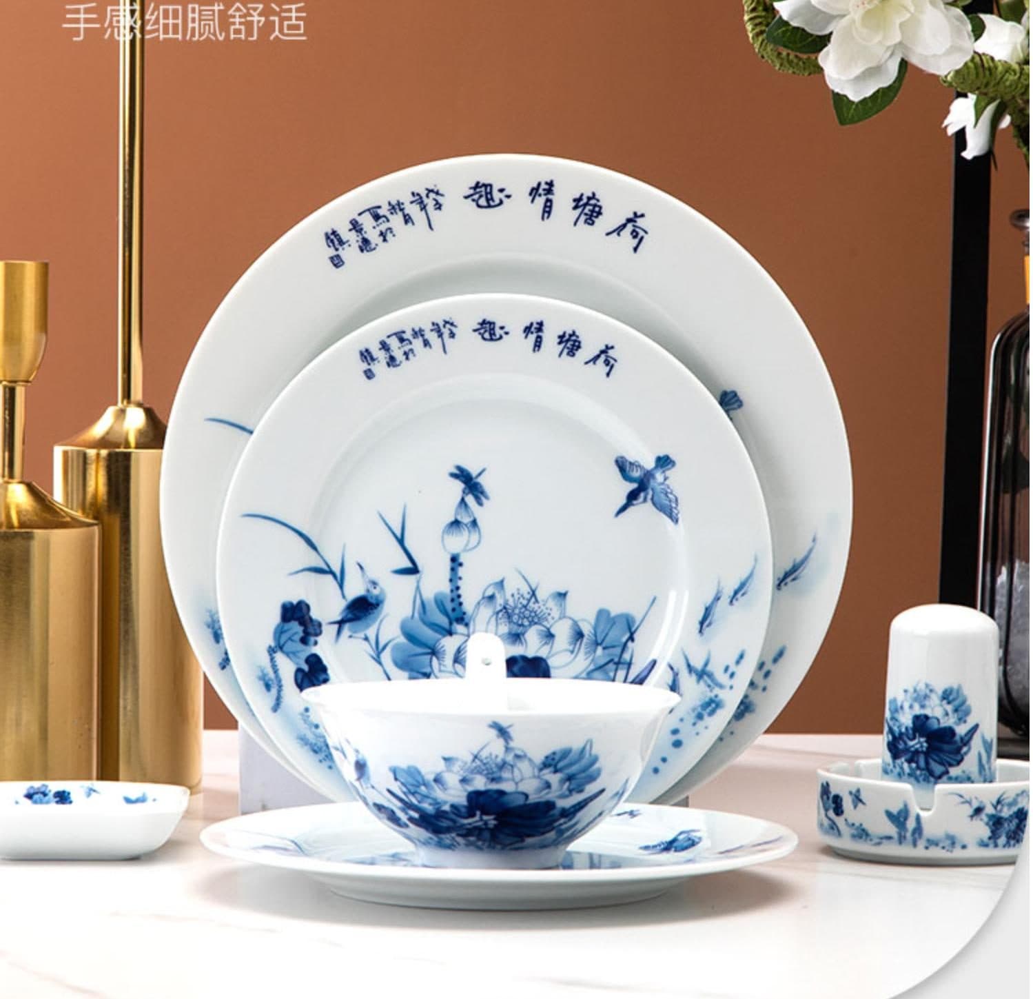 Red Leaf Lotus Pond Delight — a 56-piece Chinese porcelain dinner service