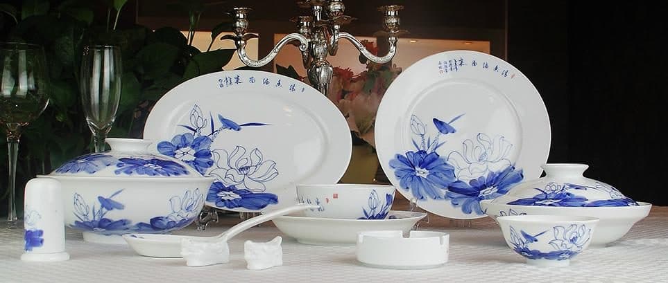 Red Leaf Underglaze Hand-Painted Blue & White — Lotus — a 66-piece Chinese porcelain dinner service